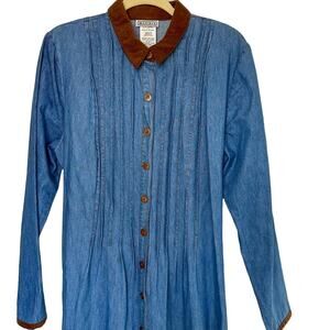 Vintage 90s Denim Teacher Dress Fall Maxi Dress with Faux Suede Collar 12